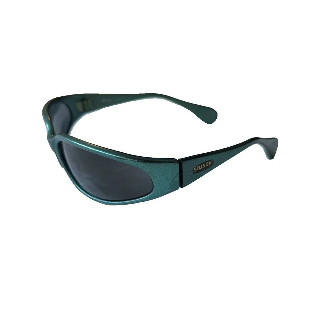 VTG  Vintage Stussy Seville Sunglasses Metallic Green Wrap Around Sport 90s Y2K